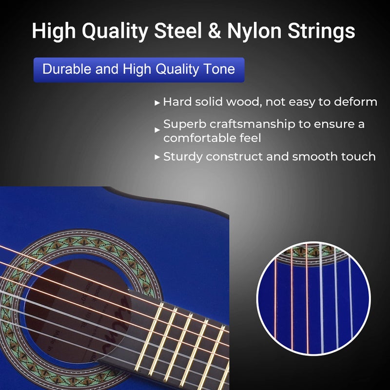 ADM Beginner Acoustic Classical Guitar 30 Inch Nylon Strings Wooden Guitar Bundle Kit for Kid Boy Girl Student Youth Guitarra Online Lessons with Gig Bag, Strap, Tuner, Extra Strings, Picks,Blue - Image 5